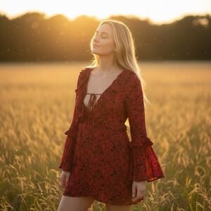 Zara Trafaluc Collection Red & Black Floral Boho Bell Sleeve Mini Dress Sz L